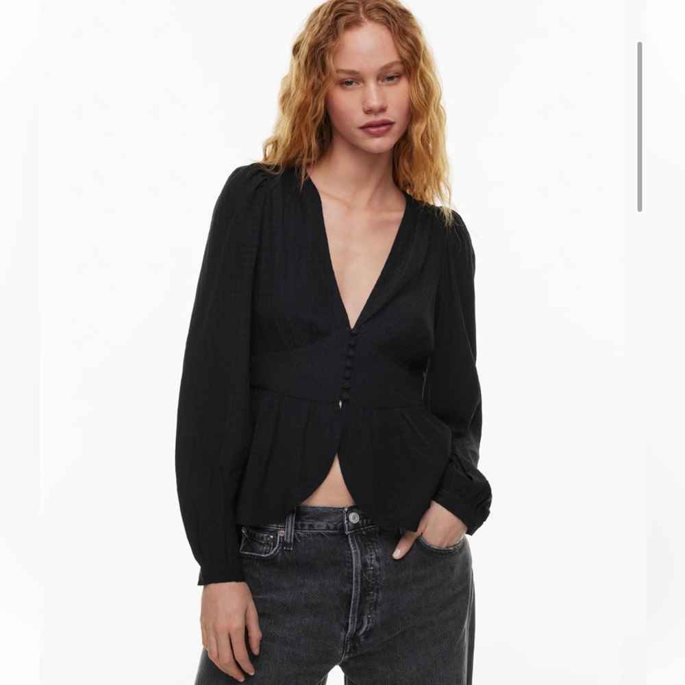 Aritzia’s Little Moon, Black Sardinia Peplum Button Up Blouse, Size Small
